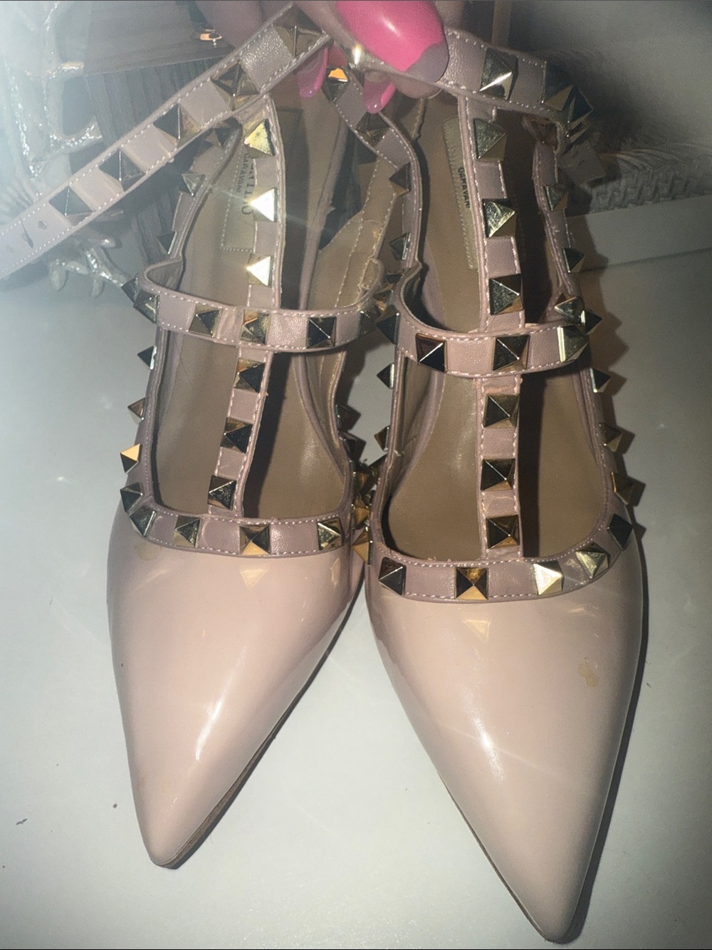 Beige studded heels